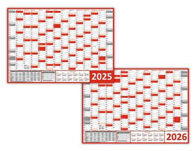 Wandkalender DIN A0 2025 + 2026 rot gerollt Wandplaner Ferien & Feiertage