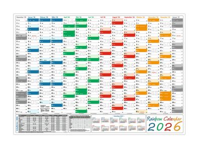 Rainbow Wandkalender DIN A1 2026 gerollt Wandplaner Ferien & Feiertage