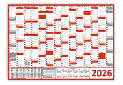 Wandkalender DIN A1 2026 rot gerollt Wandplaner Ferien & Feiertage