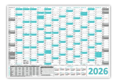 XL Wandkalender DIN A1 2026 türkis gerollt Wandplaner Ferien & Feiertage