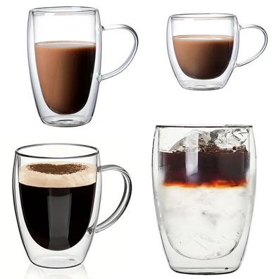 Doppelwandige Gläser Latte Macchiato Kaffee Thermo Henkel Tee Becher in 8 Muster