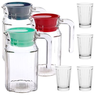 Saftkanne 0,8 L + 4 Gläser 180ml SET, Wasserkrug Saftkrug Glaskaraffe Milchkrug