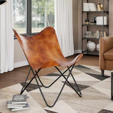 vidaXL Butterfly-Sessel Braun Echtleder