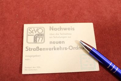 DDR Nachweis Teilnahme an Schulungen neuen Straßenverkehrs-Ordnung 1977 StVO 77