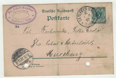 Alte Postkarte - Schriftstück Saalfeld nach Merseburg, 1897