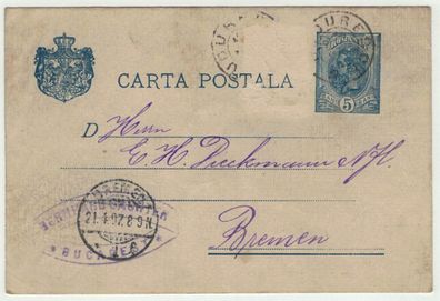 Alte Postkarte - Bukarest, Rumänien -- Bremen, 1897