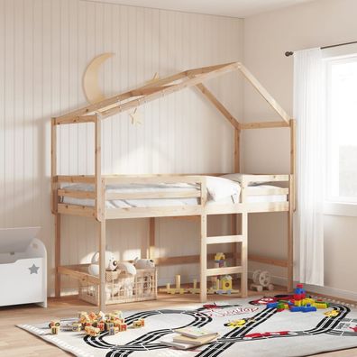 vidaXL Hochbett mit Leiter und Dach 90x200 cm Massivholz Kiefer