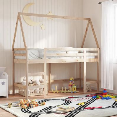 vidaXL Hochbett mit Leiter und Dach 90x190 cm Massivholz Kiefer