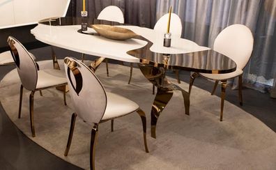 Esszimmer Set Luxus Stuhl Set 6X Stühle Essgruppe Garnitur Gold Weiß Stuhlgruppe