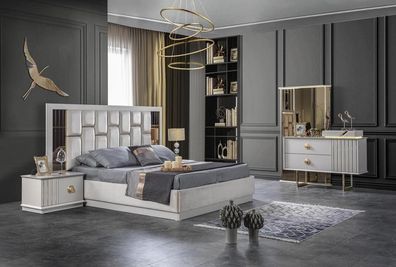 Schlafzimmer Weiß Stilvoll Komplettes Bett 2X Nachttische Kommode Mit Spiegel