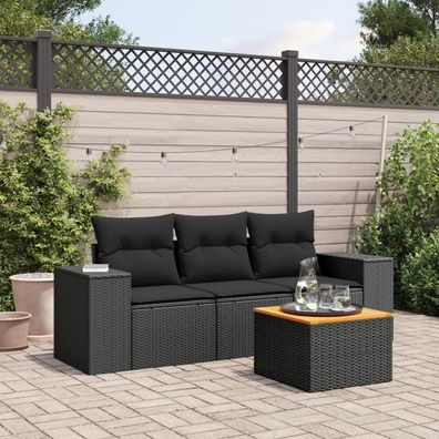 vidaXL 4-tlg. Garten-Sofagarnitur mit Kissen Schwarz Poly Rattan