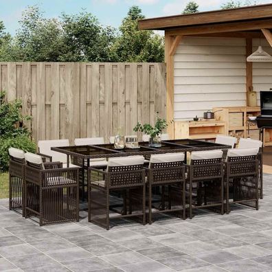 vidaXL 13-tlg. Garten-Essgruppe mit Kissen Braun Poly Rattan