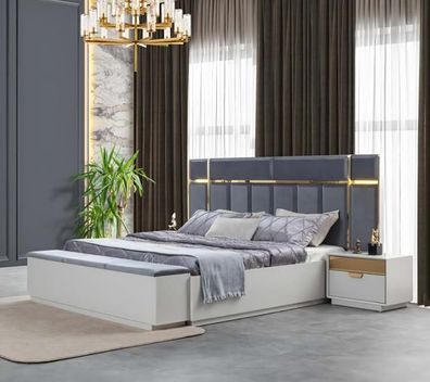 Schlafzimmer Komplett Polsterbett Bank Nachttische Edelstahl Weiß Blau 4Tlg