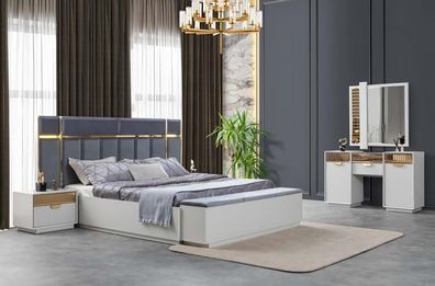 Schlafzimmer Bett Bank Nachttische Kommode Mit Spiegel Weiß Blau Gold 5Tlg