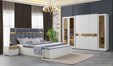 Bett Nachttische Kleiderschrank Verspiegelt Bank Weiß Gold Blau Edelstahl 5Tlg
