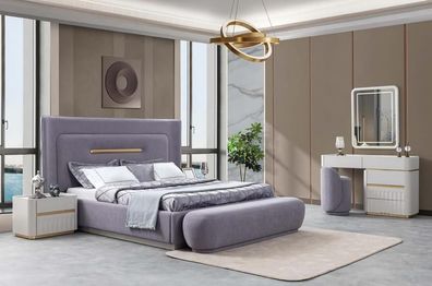 Schlafzimmer Bett Sitzbank Nachttische Schminktisch Pouf Spiegel Violett 7Tlg