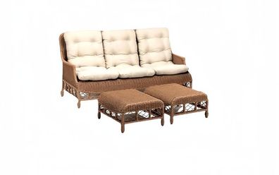 Moderne Gartenmöbel Garnitur Exklusiver 3-Sitzer Sofa Luxuriöse 2X Hocker Braun