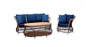 Sofagarnitur Sofa 3 Sitzer Luxuriöse Rattan Moderner Blau Sessel Couchtisch