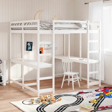 vidaXL Hochbett mit Schreibtisch & Leiter Weiß 140x200 cm Kiefernholz
