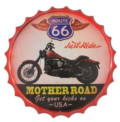 Blechschild, Reklameschild Route 66 Mother Road, Motorrad Schild Rund 36x36 cm