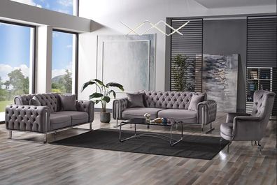 Sofagarnitur Wohnzimmer Sitz Sofa 3 Sitzer Grau 2 Sitzer Set Textil Sessel 3Tlg