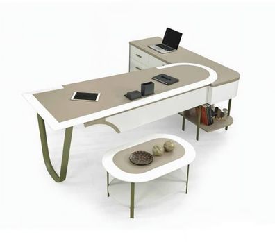 Designer Schreibtisch L-Form Mit Couchtisch Oval Schubladen Arbeitszimmer