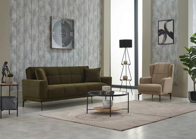 Sofagarnitur Dreisitzer Sessel Polstersofa Stoffsofa Grün 2Tlg Couch