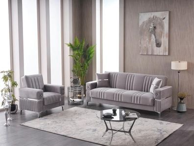 Komplette Dreisitzer Couch Sessel Stoff 3 Sitzer Sofa Beige Set 2Tlg