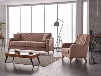 Couch Gruppe Dreisitzer Sessel 3 Sitzer Stoffsofa Polstersofa Beige