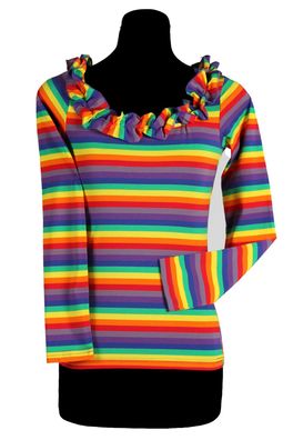 Streifenshirt bunt m Rüschen Ringelshirt Damen Rainbow Karneval Kostüm Fasching