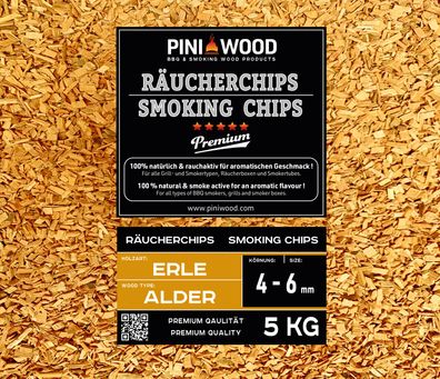 PINI 5 Kg Räucherchips Erle ohne Rinde 4-6 mm Smoking Chips Räucherspäne