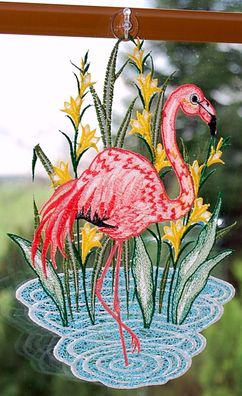 Plauener Spitze Fensterbild Flamingo 29 cm Fensterdekoration SOMMER Fensterschmuck