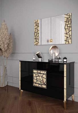 Kommode Spiegel Rechteckig Wohnzimmer Hochglanz Schwarz Gold Siebdruck Neu