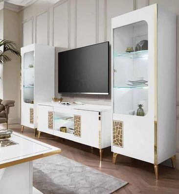 Vitrine Wohnwand Modern Schrankwand Schränke Luxus Schrank Led Rtv Tv Weiß Neu