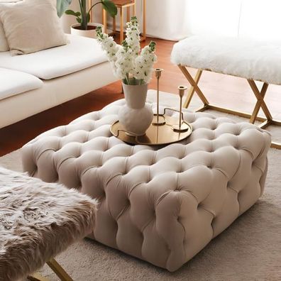 Ottomane Tisch Wohnzimmer Sitzhocker Hocker Fußhocker Stoff Sitz Beige