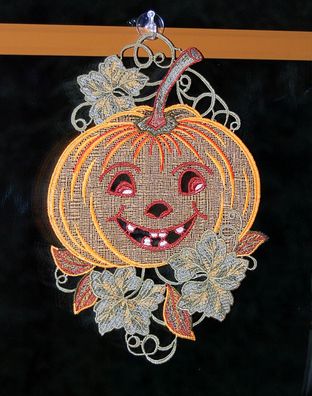 Plauener Spitze Fensterbild Halloween Kürbis Stickerei Fensterdekoration Herbst