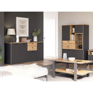 Wohnzimmer Leone 30 Wolfram Grey 3-teilig Sideboard Highboard LED