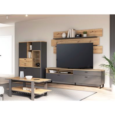 Wohnzimmer Leone 31 Wolfram Grey 4-teilig Highboard Lowboard LED