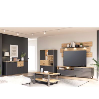 Wohnzimmer Leone 32 Wolfram Grey 5-teilig Highboard Lowboard LED