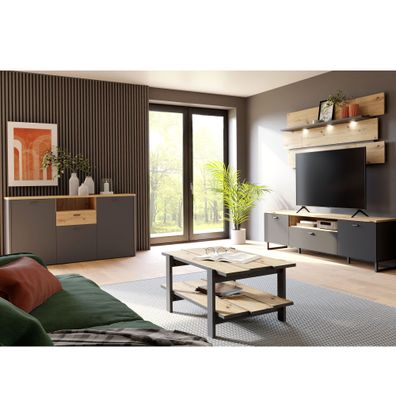 Wohnzimmer Leone 34 Wolfram Grey 4-teilig Lowboard Wandpaneel LED