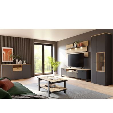 Wohnzimmer Leone 36 Wolfram Grey 5-teilig Lowboard Wandpaneel LED