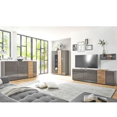 Wohnzimmer Pasko 10 dunkelgrau Hochglanz 4-teilig Vitrine Sideboard