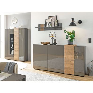 Wohnzimmer Pasko 13 dunkelgrau Hochglanz 3-teilig Vitrine Sideboard