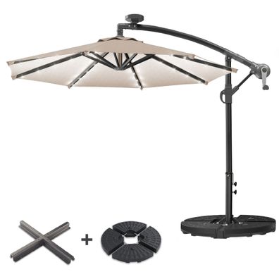 SUN LUCA | Sonnenschirm | Rund | Ø 300 cm | Taupe | LED | + Ständer | Sonnenschirm, G