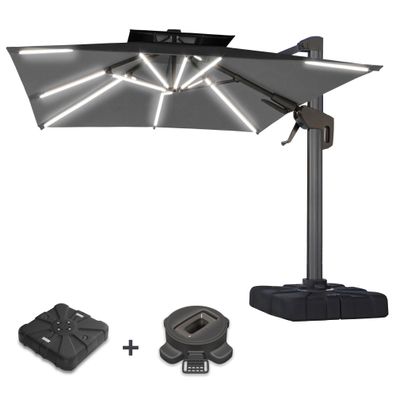 SUN PIETRO | Sonnenschirm | Quadratisch | B: 300 x 300 cm | Schwarz | LED | + Stände
