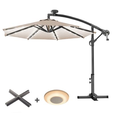 SUN LUCA | Sonnenschirm | Rund | Ø 300 cm | Taupe | LED | + Ständer & Musikbox | Sonn
