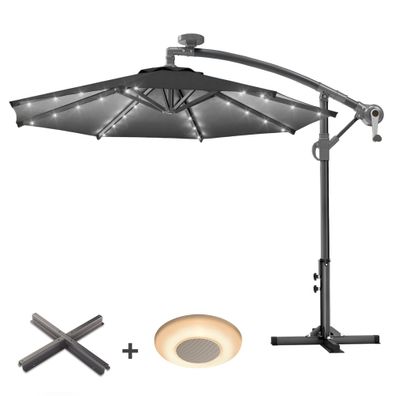 SUN LUCA | Sonnenschirm | Rund | Ø 300 cm | Schwarz | LED | + Ständer & Musikbox | So