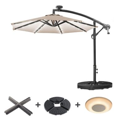 SUN LUCA | Sonnenschirm | Rund | Ø 300 cm | Taupe | LED | + Ständer & Musikbox | Sonn