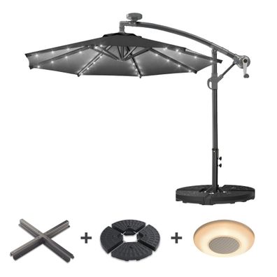 SUN LUCA | Sonnenschirm | Rund | Ø 300 cm | Schwarz | LED | + Ständer & Musikbox | So