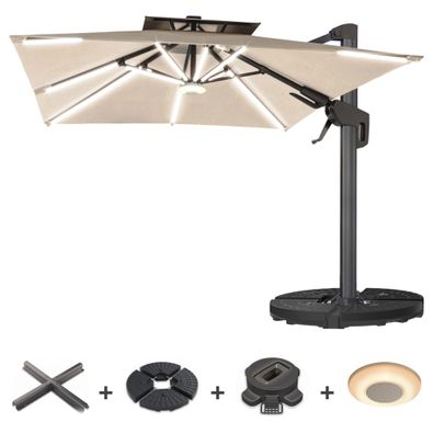 SUN PIETRO | Sonnenschirm | Quadratisch | B: 300 x 300 cm | Taupe | LED | + Ständer,